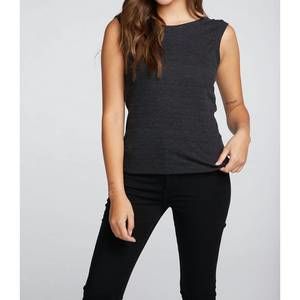 NEW CHASER triblend rib shirred back v muscle tank top in black